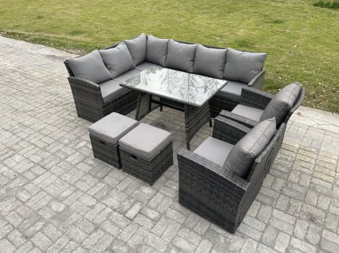 Fimous Rattan Garden Furniture Corner Sofa Set with Oblong Dining Table 2 Small Footstools 2 Armchairs Outdoor Wicker Rattan Set Dark Grey Mixed