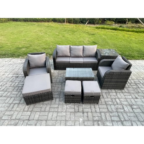 Fimous 8 Seater Rattan Garden Furniture Set Patio Outdoor Lounge Sofa Set with Rectangular Coffee Table 3 Footstools 3 Seater Sofa Side Table Dark Grey Mixed