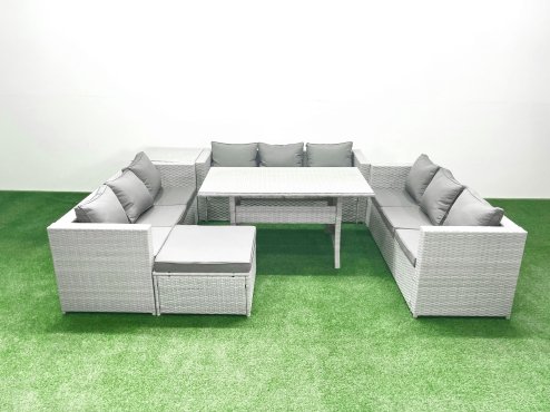 Fimous Rattan Garden Outdoor Furniture Set 10 Seater Garden Sofa Rectangulr Dining Table Set with Big Footstool Side Table Light Grey Mixed