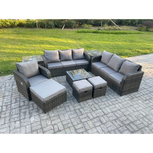 Fimous 10 Seater Outdoor Rattan Garden Furniture Set Conservatory Patio Sofa Coffee Table With Reclining Chair 3 Footstools 2 Side Tables Dark Grey Mixed