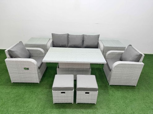 Fimous PE Rattan Garden Furniture Set Reclining Chair Sofa Lounge Sofa Set Adjustable Lifting Dining or Coffee Table 2 Side Table 2 Small Stools Light Grey