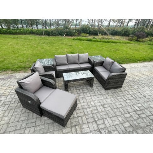 Fimous Outdoor Rattan Garden Furniture Set Rattan Lounge Sofa Set with Rectangular Coffee Table 2 Side Tables Big Footstool Dark Grey Mixed