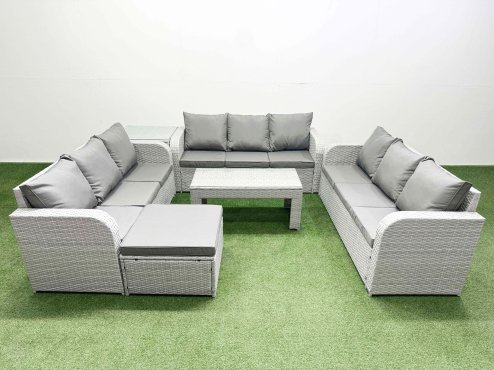 Fimous PE Rattan Lounge Sofa Set 10 Seater Outdoor Garden Furniture Set with Oblong Coffee Table 3 Seater Sofa Big Footstool Side Table Light Grey