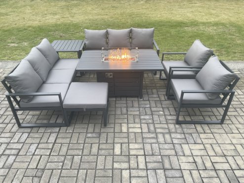 Fimous Aluminium Outdoor Garden Furniture Set Patio Lounge Sofa Gas Fire Pit Dining Table Set with Big Footstool Side Table Dark Grey