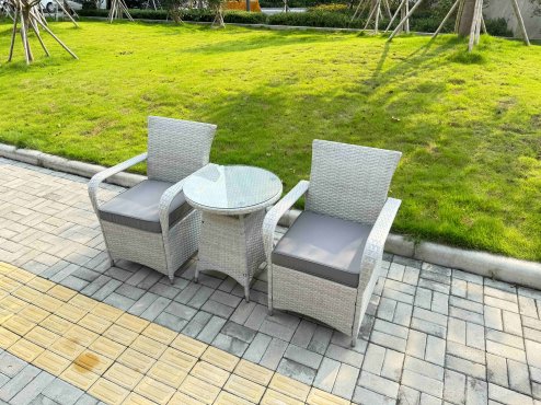 Fimous Rattan Garden Furniture Set Outdoor Bistro Set with 1 Coffee Table & 2 Seater Chairs Light Grey Mixed