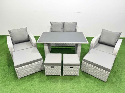 Fimous 8 Seater Patio Garden Furniture Sets with Dining Table Love Sofa 4 Stools Light Grey