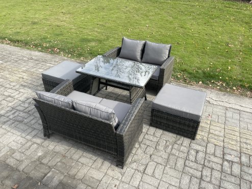 Fimous 6 Seater Wicker PE Rattan Garden Dining Set Outdoor Furniture Sofa with Rectangular Dining Table Double Seat Sofa 2 Big Footstool Dark Grey Mixed