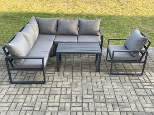 Fimous Aluminium Outdoor Garden Furniture Set Lounge Sofa Oblong Coffee Table Sets with Chair Indoor Conservatory Set Dark Grey