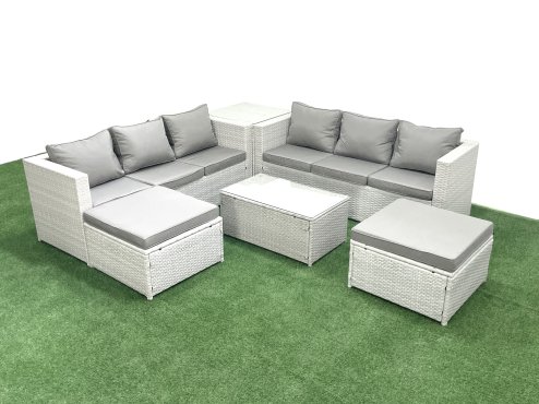 Fimous Garden Outdoor PE Rattan Furniture Set 8 Seater Rattan Garden Sofa Set with 2 Big Footstools Side Table Light Grey Mixed Image