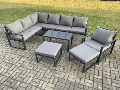 Fimous Aluminum 9 Seater Outdoor Lounge Corner Sofa Set Garden Furniture Sets with Oblong Coffee Table Chair 2 Big Footstool Dark Grey