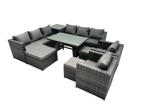 Fimous Outdoor Corner Sofa Chair Dining Table Set Garden Rattan Furniture Set 11 Seater with 3 Stool Side Table Dark Grey