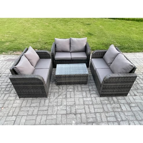Fimous Outdoor Garden Furniture Sets 6 Seater Wicker Rattan Furniture Sofa Sets with Rectangular Coffee Table Love Sofa Dark Grey Mixed