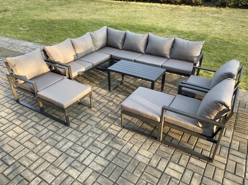 Fimous Aluminum 11 Seater Outdoor Lounge Corner Sofa Set Garden Furniture Sets with Oblong Coffee Table 3 Chairs 2 Big Footstools Dark Grey
