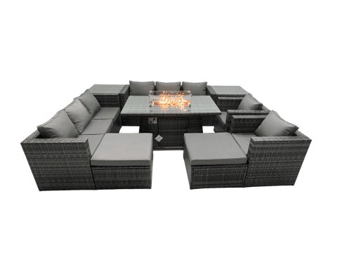 Fimous Rattan Garden Furniture Firepit Dining Set 10 Seater Lounge Sofa Table Set with 2 side table 2 big Footstool
