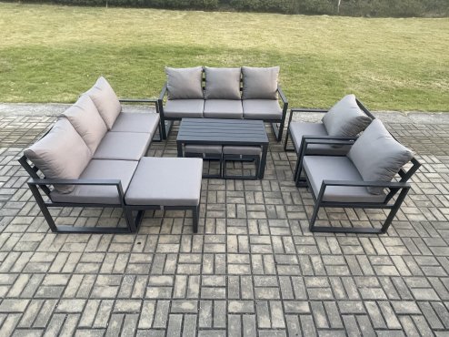 Fimous Aluminium Outdoor Garden Furniture Lounge Sofa 2 PC Chairs Oblong Coffee Table Sets with 3 Footstools Dark Grey