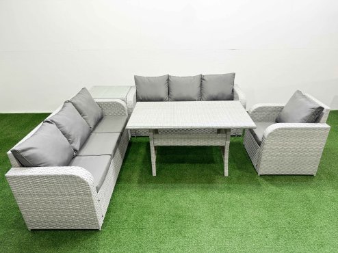 Fimous 7 Seater Poly Rattan Outdoor Garden Furniture Rectangular Dining Table Sofa Set Patio 3 Seater Sofa Reclining Chair 3 Seater Sofa Side Table Light Grey