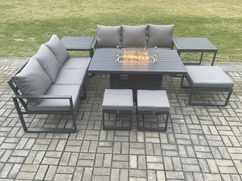 Fimous Aluminium Outdoor Lounge Sofa Garden Furniture Sets Gas Fire Pit Dining Table Set with 3 Footstools 2 Side Tables Dark Grey