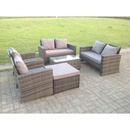 High Back Dark Mixed Grey Rattan Sofa Set Outdoor Furniture Square Coffee Table Big Footstool Chairs 2 Seater Love Sofa 7 Seater