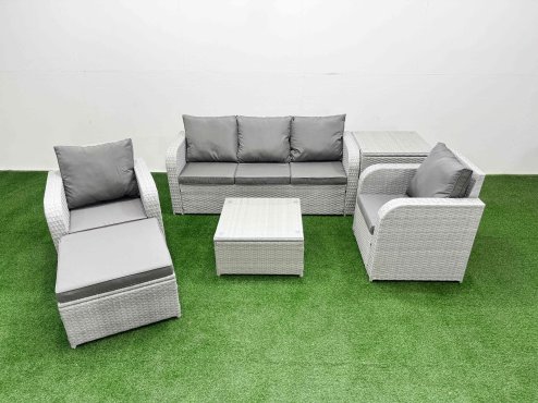Fimous PE Rattan Garden Furniture Set Reclining Chair Sofa Lounge Sofa Set Square Coffee Table Side Table Big Footstool Light Grey