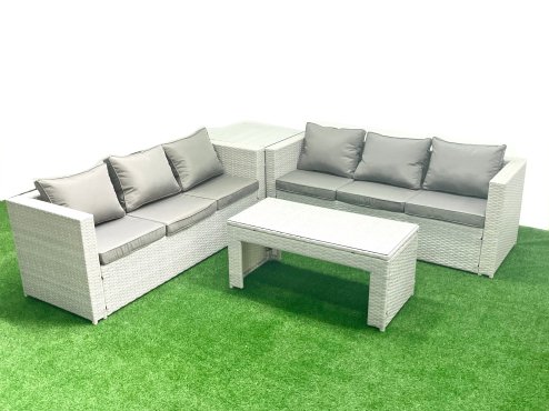 Fimous 6 Seater Garden Outdoor Rattan Furniture Set Rattan Garden Sofa Oblong Coffee Table with Side Table Light Grey Mixed