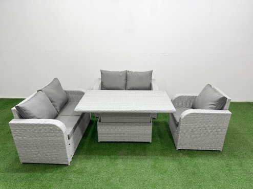 Fimous High Back Poly Rattan Garden Furniture Set with Reclining Chair Loveseat Sofa Adjustable Lifting Dining or Coffee Table Indoor Outdoor Patio Set Light Grey Image