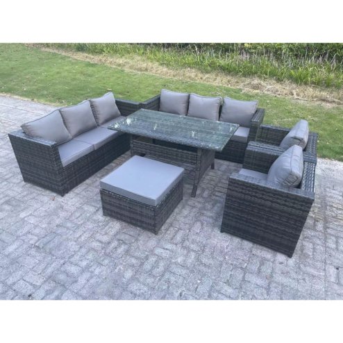 Fimous Outdoor Lounge Sofa Garden Furniture Set Patio Rattan Rectangular Dining Table with 2 Armchair Big Footstool 9 Seater Dark Grey Mixed