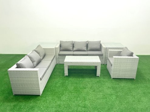 Fimous Wicker PE Rattan Sofa Garden Furniture Set with Oblong Coffee Table Armchair 2 Side Tables Light Grey Mixed