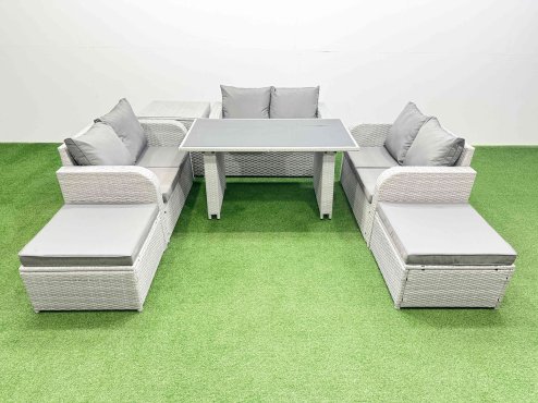 Fimous 8 Seater Patio Garden Furniture Sets with Black Glass Top Dining Table Love Sofa Side Table 2 Big Stool Light Grey