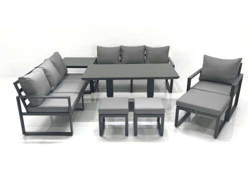 Fimous Outdoor Garden Furniture Set Aluminium Lounge Sofa Adjustable Rising Lifting Dining Table Sets with 3 Footstools Side Table Dark Grey