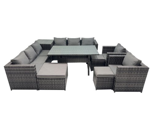 Fimous Outdoor Corner Sofa Chair Dining Table Set Garden Rattan Furniture Set 11 Seater with Side Table 3 Stool Dark Grey
