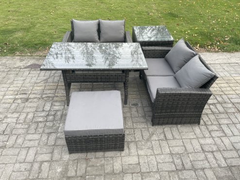 Fimous PE Wicker Rattan Garden Furniture Set Love Sofa Outdoor Rectangular Dining Table Big Footstool Side Table Dark Grey Mixed
