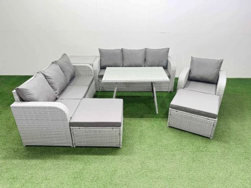 Fimous 7 Pieces Outdoor PE Rattan Garden Furniture with Cushions Reclining Chair Side Table 2 Big Stools Light Grey