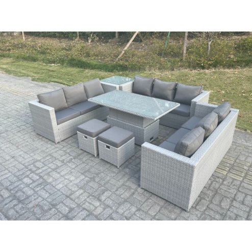 Fimous U Shape Lounge Rattan Garden Furniture Set Adjustable Rising Lifting Table Dining Set With Side Coffee Tea Table Stool