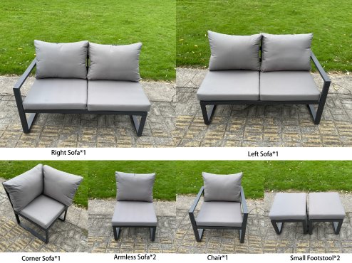 Fimous 7 Piece L-shaped Garden Furniture Set 8-Seater Aluminium Outdoor Dining Set with Adjustable Rising Lifting Dining Table Dark Grey