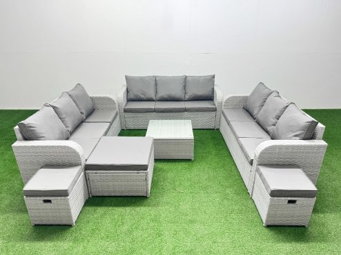 Fimous PE Rattan Lounge Sofa Set 12 Seater Outdoor Garden Furniture Set with Square Coffee Table 3 Seater Sofa 3 Stools Light Grey
