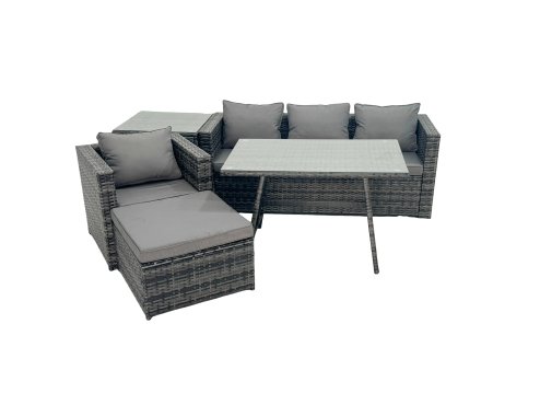 Fimous Rattan Dining Table Sofa Armchair Set with Side Table Big Footstool Outdoor Garden Furniture Set Dark Grey Mixed