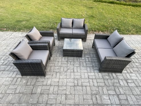 Fimous Rattan Garden Furniture Set 6 Seater Patio Outdoor Lounge Sofa Set with Square Coffee Table Double Seat Sofa Dark Grey Mixed