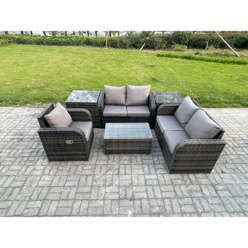 Fimous High Back Rattan Garden Furniture Set with Loveseat Sofa Rectangular Coffee Table 2 Side Tables Indoor Outdoor Patio Lounge Sofa Set Dark Grey Mixed