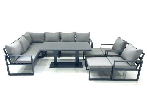 Fimous Aluminum Outdoor Garden Furniture Set Corner Sofa 2 Chair 2 Big Footstools Adjustable Rising Lifting Dining Table Sets Dark Grey