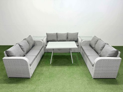 Fimous 9 Seat Outdoor PE Rattan Garden Furniture with Cushions 3 Seater Sofa 2 Side Tables Light Grey