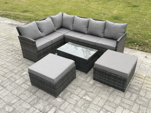 Fimous 8 Seater Rattan Lounge Corner Sofa Set Wicker PE Outdoor Garden Furniture Set with Coffee Table 2 Big Fotstools Dark Grey Mixed