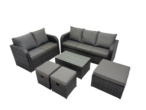 Fimous Outdoor Love Sofa 3 Seater Sofa Coffee Table Set Garden Rattan Furniture Set 8 Seater with 3 Stools Dark Grey