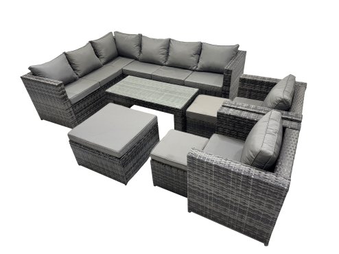 Fimous 8 Pieces Outdoor PE Rattan Garden Furniture Corner Sofa Oblong Coffee Table Set with Cushions 3 Footstools Dark Grey Mixed