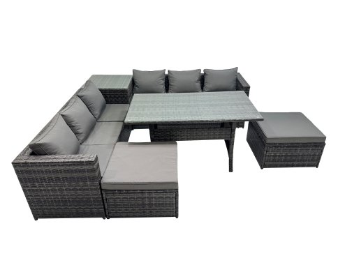 Fimous 8 Seater Outdoor Corner Sofa Dining Table Set Garden Rattan Furniture Set with Side Table 2 Big Stool Dark Grey