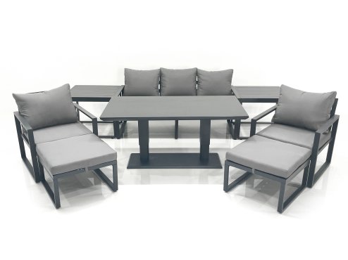Fimous Outdoor Aluminium Garden Furniture Set with Adjustable Rising Lifting Dining Table 3 Seater Sofa 2 Chair 2 Big Footstools 2 Side Tables Dark Grey