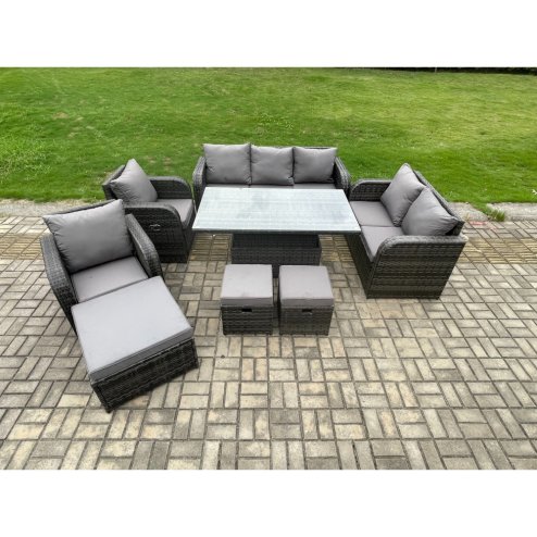 Fimous Wicker PE Rattan Outdoor Garden Furniture Sets Height Adjustable Rising lifting Dining Table Reclining Chair Sofa Set with 3 Footstools Dark Grey Mixed