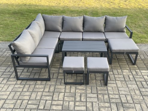 Fimous Aluminum 9 Seater Outdoor Lounge Corner Sofa Set Garden Furniture Sets with Oblong Coffee Table 3 Footstools Dark Grey