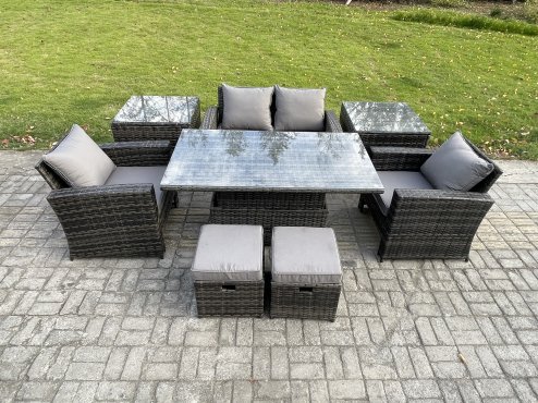 Fimous High Back Rattan Garden Furniture Sofa Sets with Height Adjustable Rising Lifting Table 2 Side Tables 2 Small Footstools Dark Grey Mixed