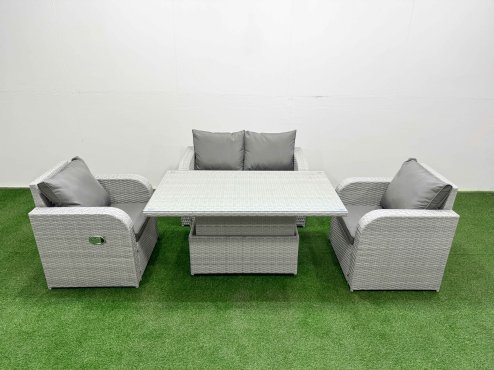 Fimous Light Grey PE Wicker Rattan Garden Furniture Set Sofa Set Reclining Chair Adjustable Lifting Dining or Coffee Table 4 Seater