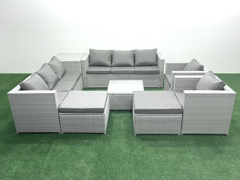 Fimous Outdoor Rattan Sofa Garden Furniture Set with 2 Armchairs Square Coffee Table 2 Big Footstools Side Table Light Grey Mixed
